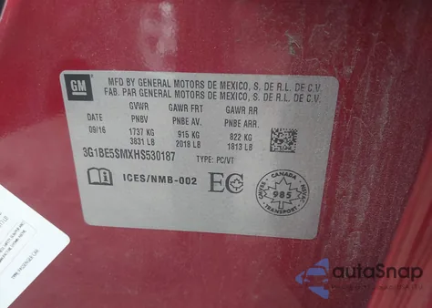 2017 Chevrolet Cruze Lt Auto from USA, damaged, VIN 3G1BE5SMXHS530187